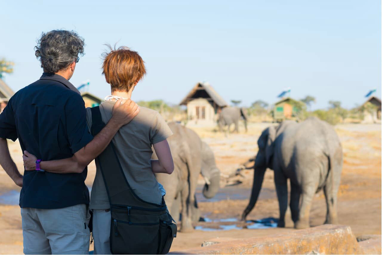 A couple on Safari watching an elephant