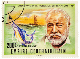 A stamp marked Empire Centrafricain with an illustration of Ernest Hemingway