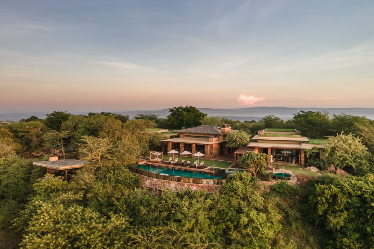 An aerial view of the lodge at Singita Kilima, a honeymoon safari stay, Tanzania.
