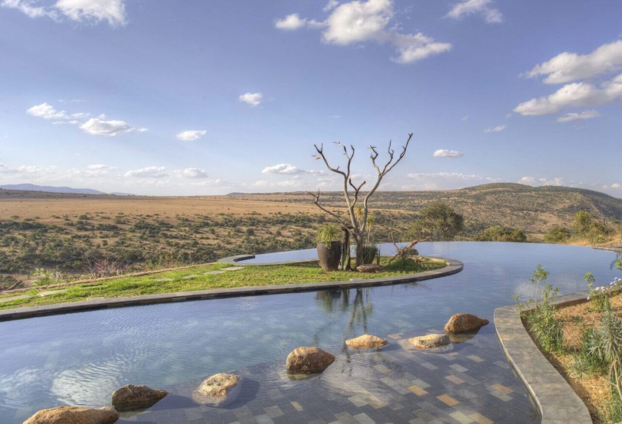 An infinity pool overlooks the savanna, Lengishu, Kenya.