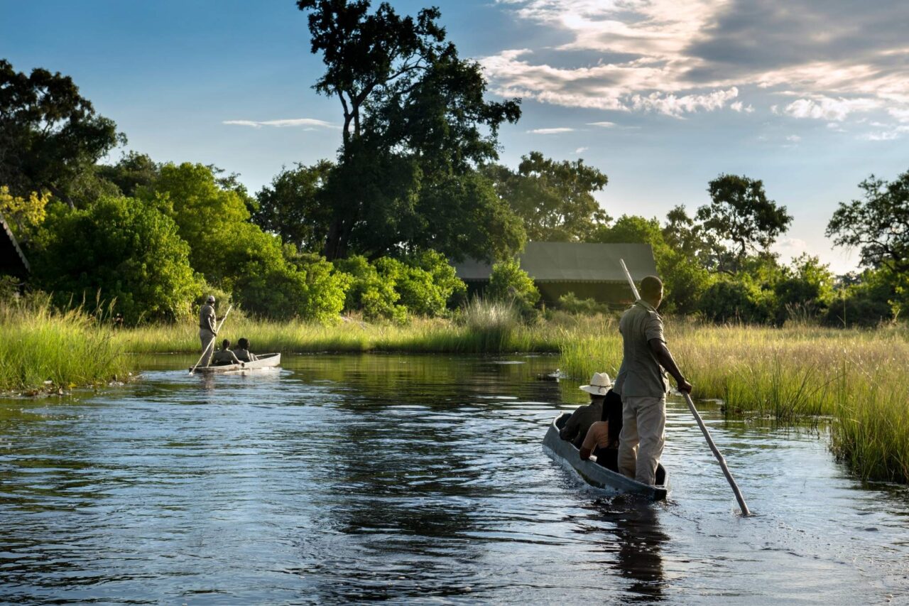 Traditional mokoro canoes are poled through the water by guides, Okavango Delta, Botswana.