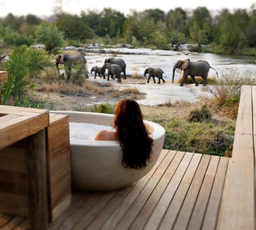 A woman relaxes in a terrace bathtub overlooking elephants by the river, Londolozi, South Africa.