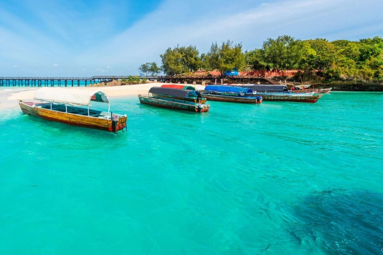 Boats in front of a beach in Zanzibar.